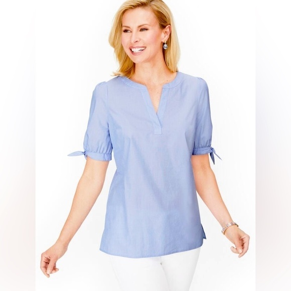 Talbots Tops - Talbots 100% Cotton Poplin Tie Short Sleeve Top End-On-End size XL